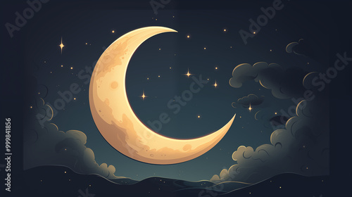 A large cartoon-style clean and clear crescent moon. 