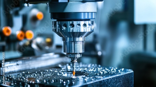 CNC machinery close-up, with precision cutting heads, control panels, and tool bits, ready for high-accuracy manufacturing tasks.