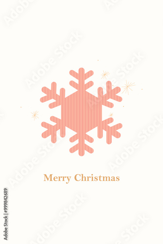 Minimalistic design with pink snowflake decorated with stripes, surrounded by festive elements on white background. Vector illustration. Merry Christmas, Happy New Year holiday. Postcard template