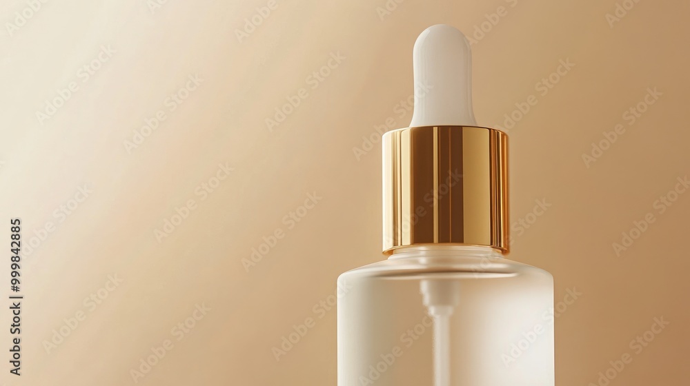 Close-up of clear serum packaging with a frosted glass finish and gold cap, against a soft background. No logo. No people. Close-up of clear serum packaging with a frosted glass finish and gold cap, against a soft background. No logo. No people.