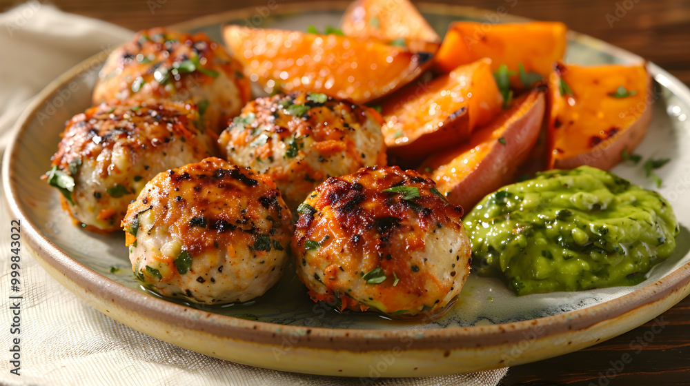 Grilled chicken meatballs with roasted sweet potatoes and avocado dip served on a ceramic plate Grilled chicken meatballs with roasted sweet potatoes and avocado dip served on a ceramic plate