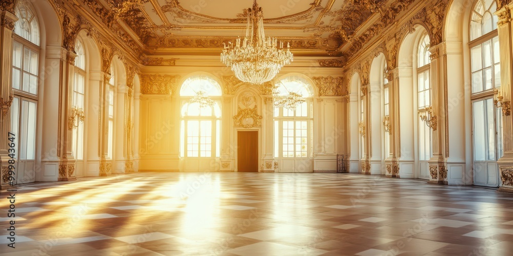 Obraz premium Spacious and elegant hall illuminated by sunlight, featuring grand architecture and a beautiful chandelier.