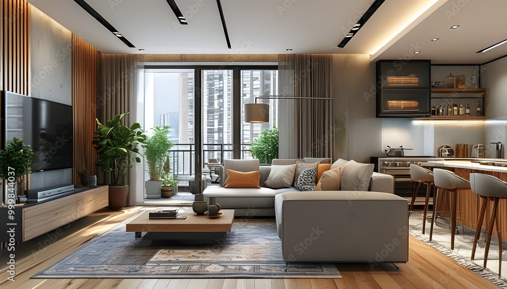 3D architectural design of a flat with marked arrow, showcasing ...