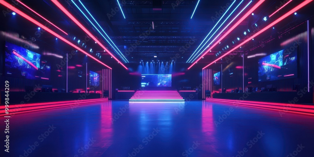 Fototapeta premium Vibrant concert hall with neon lights and a sleek design, perfect for events, parties, or music shows.