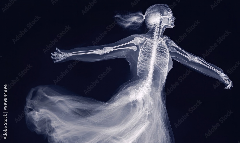 Naklejka premium Dancing Skeleton with Flowing Dress on Dark Background