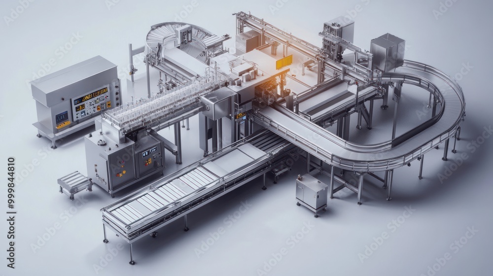 Factory equipment set, with conveyor belts, control panels, and stainless steel components, emphasizing efficiency and production. Factory equipment set, with conveyor belts, control panels, and stainless steel components, emphasizing efficiency and production.