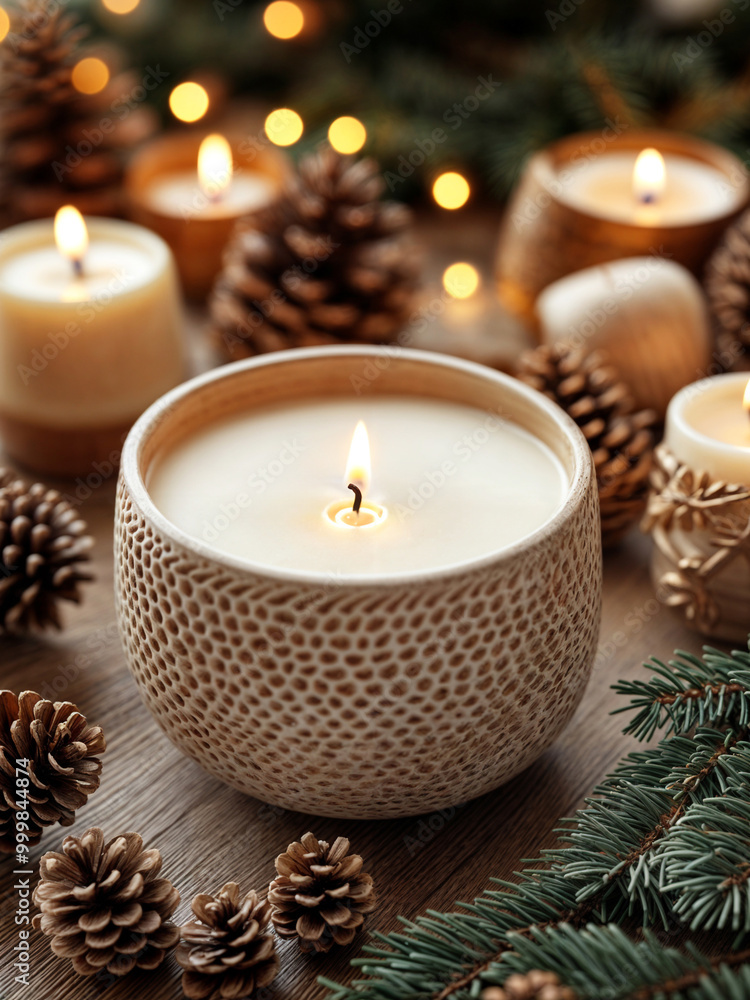 Rustic Christmas candles in textured holders with pinecones, perfect for creating a warm and festive holiday atmosphere.
Rustic Christmas candles in textured holders with pinecones, perfect for creating a warm and festive holiday atmosphere.
