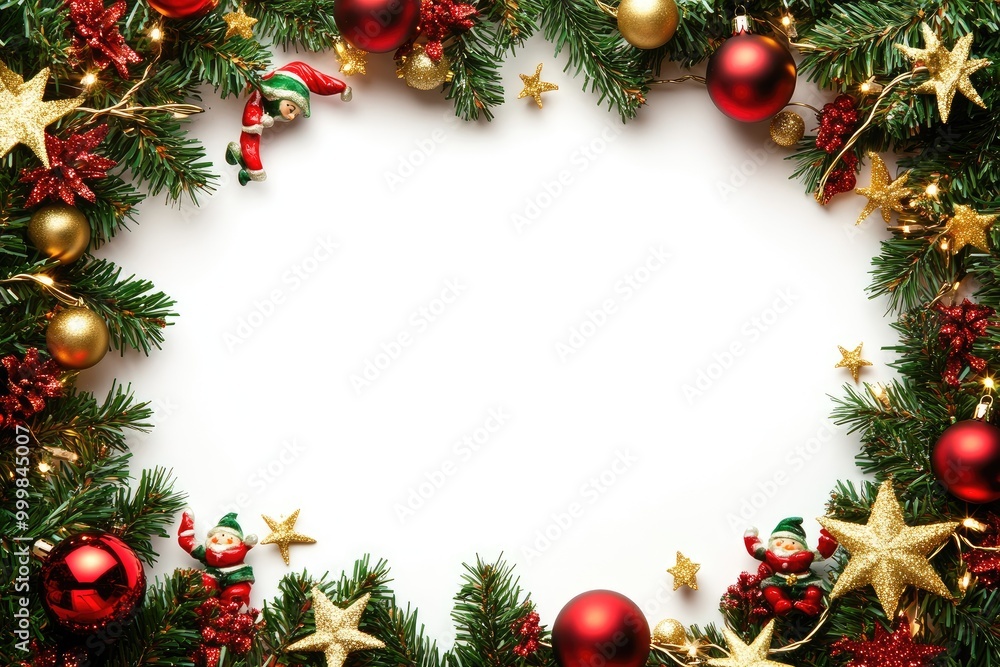 Christmas Decorations Frame with Ornaments, Stars, and Santas Christmas Decorations Frame with Ornaments, Stars, and Santas