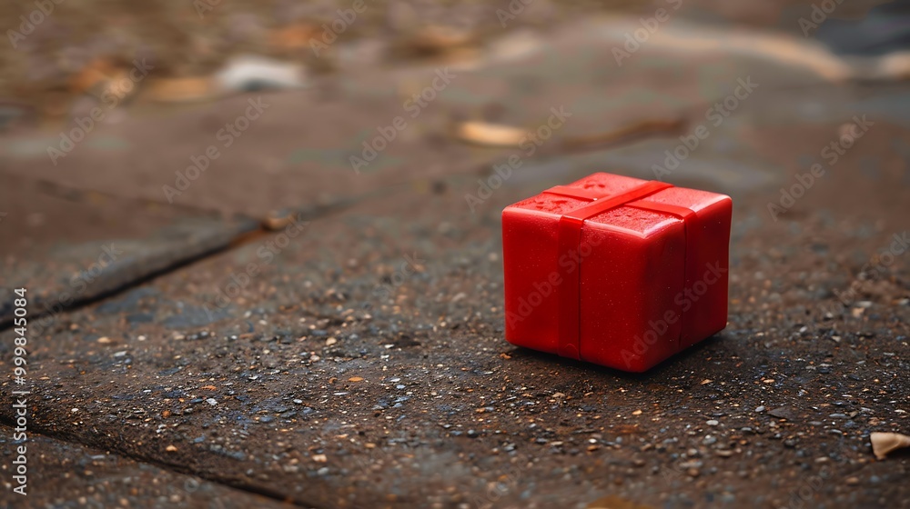 one red gray plastic cube dog toy in the shape of a gift lies on a brown sidewalk on the street one red gray plastic cube dog toy in the shape of a gift lies on a brown sidewalk on the street