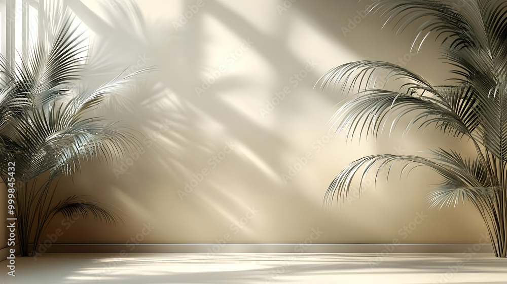 Sunlight Streaming Through Palm Leaves in Minimalist Room Sunlight Streaming Through Palm Leaves in Minimalist Room