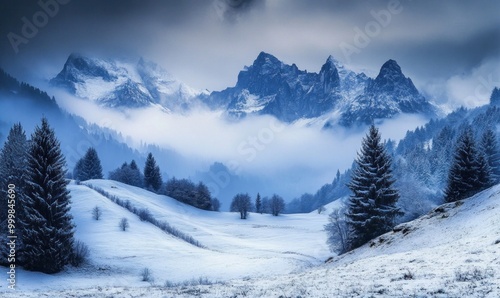 Winter Mountain Landscape with Snowy Trees and Misty Mountains