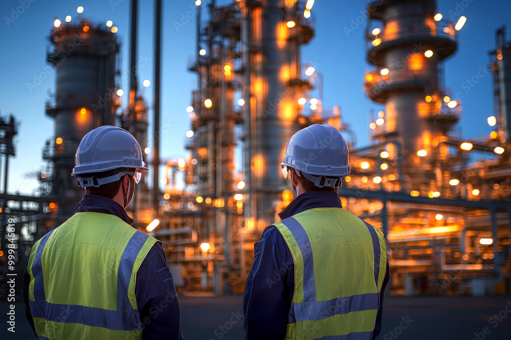 Refinery industry engineer are working and discussing at front oil and gas industrial factory,Oil refinery plant for industry. Refinery industry engineer are working and discussing at front oil and gas industrial factory,Oil refinery plant for industry.