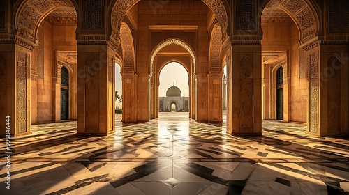 An epic shot of the grand entrance to an Arabian mosque. The door is open, and light shines through it onto the intricate patterns in the stone floor.