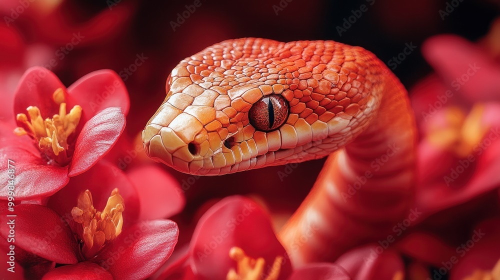 The red snake glides gracefully among vibrant blossoms, highlighting nature's beauty The red snake glides gracefully among vibrant blossoms, highlighting nature's beauty