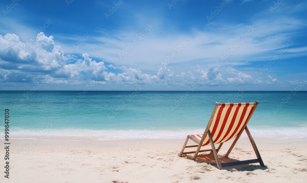 Relaxing Beach Scene with Deck Chair and Ocean Relaxing Beach Scene with Deck Chair and Ocean