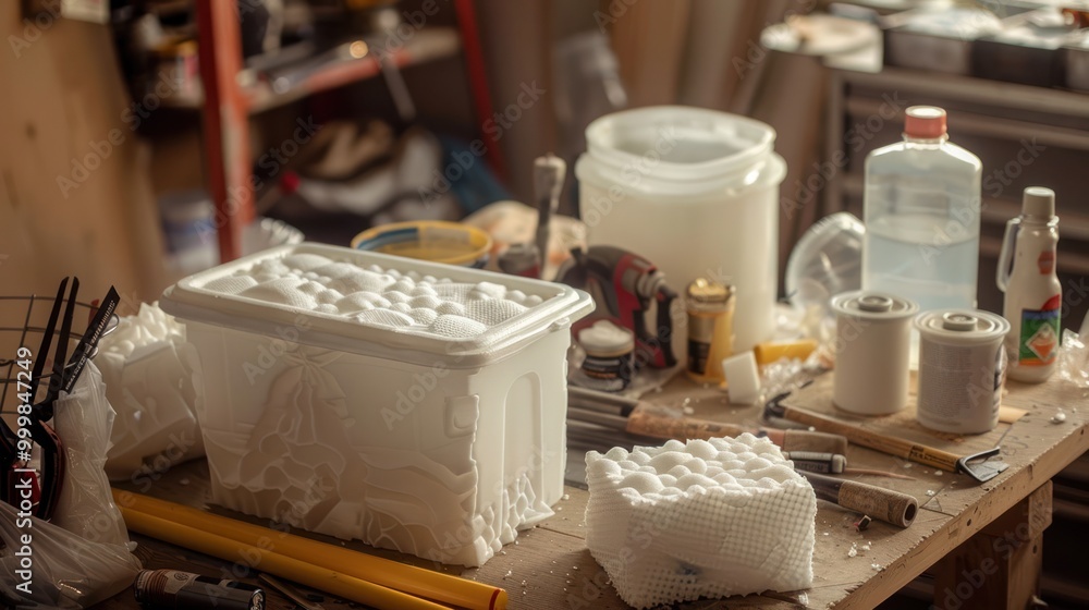 White Styrofoam Pieces On Wooden Table White Styrofoam Pieces On Wooden Table
