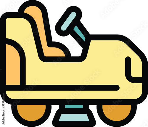 Yellow bumper car moving on electricity at amusement park, side view, leisure activity, colorful icon