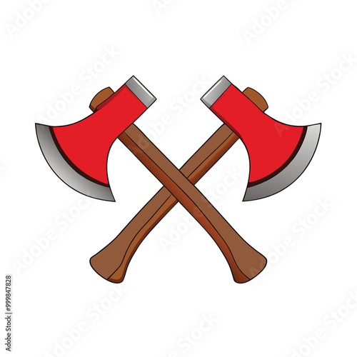 Vector illustration of crossed axes with woodgrain texture and metallic red blades for emblem designs.