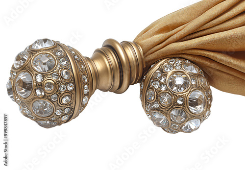  a close-up of a curtain rod with two round, crystal-encrusted ball-shaped finials. The finials are made of gold-colored metal and have a shiny finish photo