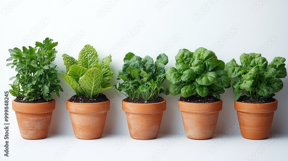 Five potted plants arranged in a row for gardening or decor. Five potted plants arranged in a row for gardening or decor.