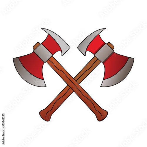 Vector illustration of crossed axes with woodgrain texture and metallic red blades for emblem designs.