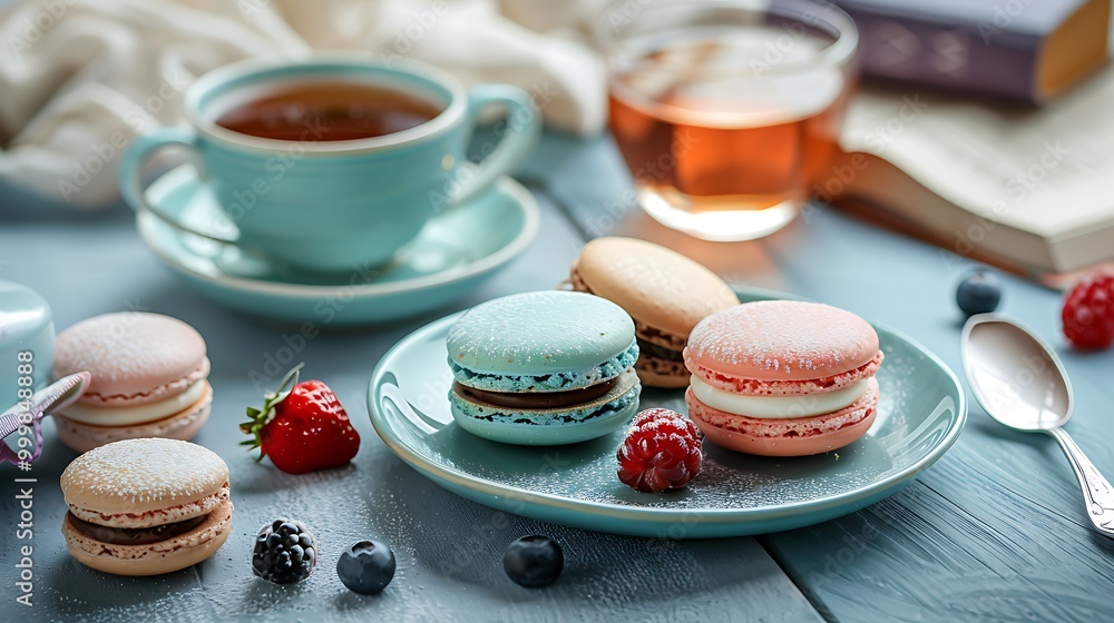 Plate of pastel macarons cookies and chocolate cup of tea of coffee glass of bubble water various berries books and accessories on the table selective focus pastel colors Plate of pastel macarons cookies and chocolate cup of tea of coffee glass of bubble water various berries books and accessories on the table selective focus pastel colors