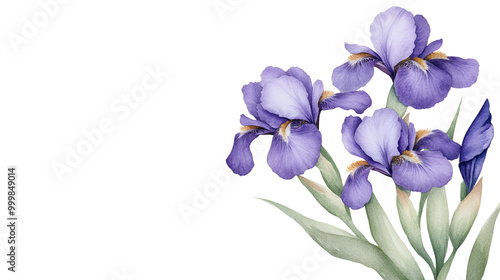 Watercolor iris bouquet, soft purple blooms, isolated on white, gentle shading, elegant floral detail., ready to bring joy to any space , cartoon drawing, water color style