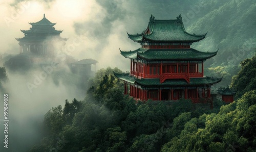 Mystical Asian Temples In Foggy Mountain Landscape