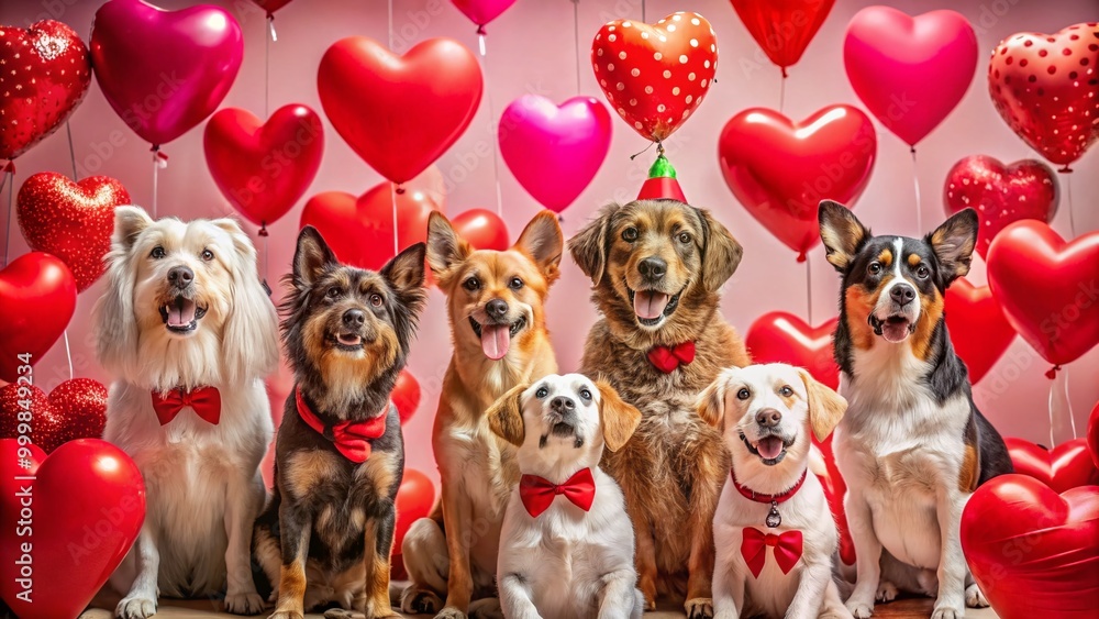Fototapeta premium Adorable Dogs Celebrating Valentine's Day with Hearts, Balloons, and Cute Accessories for Love