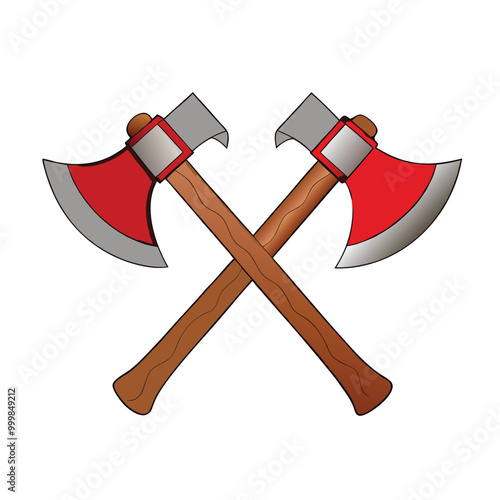Vector illustration of crossed axes with woodgrain texture and metallic red blades for emblem designs.