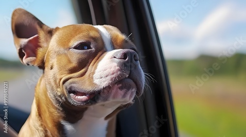 A happy brown and white dog enjoying the breeze in a car with its head out the window.