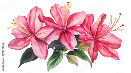 Watercolor honeysuckle, vibrant pink petals, isolated on white, soft brushstrokes, clean floral form., ready to bring joy to any space , cartoon drawing, water color style