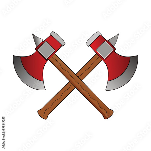Vector illustration of crossed axes with woodgrain texture and metallic red blades for emblem designs.