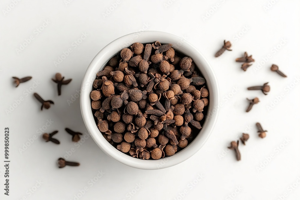 Top view of cloves on the white ceramic bowl, simple minimalist, isolated with white background Top view of cloves on the white ceramic bowl, simple minimalist, isolated with white background