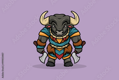 Mascot Character Cartoon Bull Warrior Tribe Holding Dual Axe