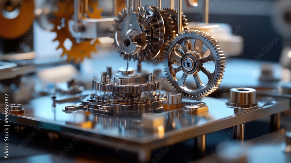 Fototapeta premium Micro machinery with intricate gears and tiny motors, demonstrating precision engineering for small-scale manufacturing.