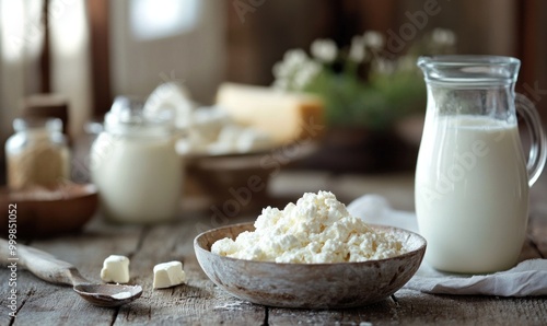 Rustic Dairy Products on Wooden Table