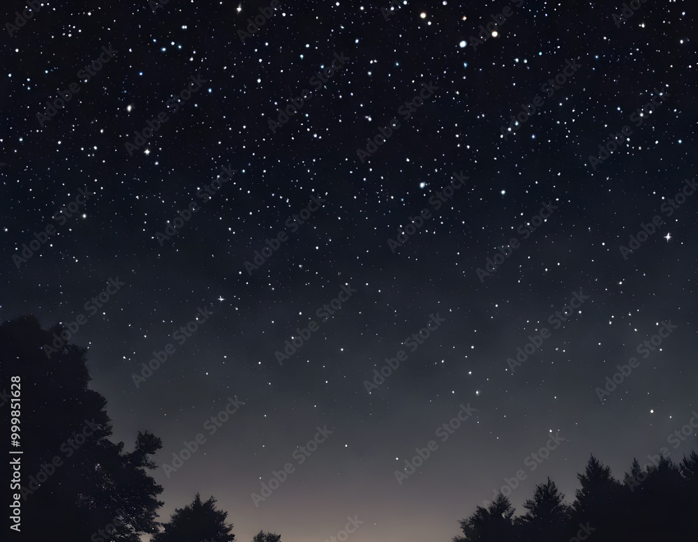 Naklejka premium Starry night sky with trees in the background. Starfall, space, bright lights