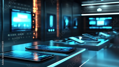 Wallpaper Mural Mobile technology display, showcasing sleek smartphones and tablets with seamless connectivity and vibrant touchscreens. Torontodigital.ca