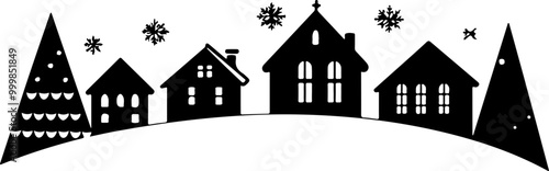 Silent Night Village Scene with Trees and Snowflakes