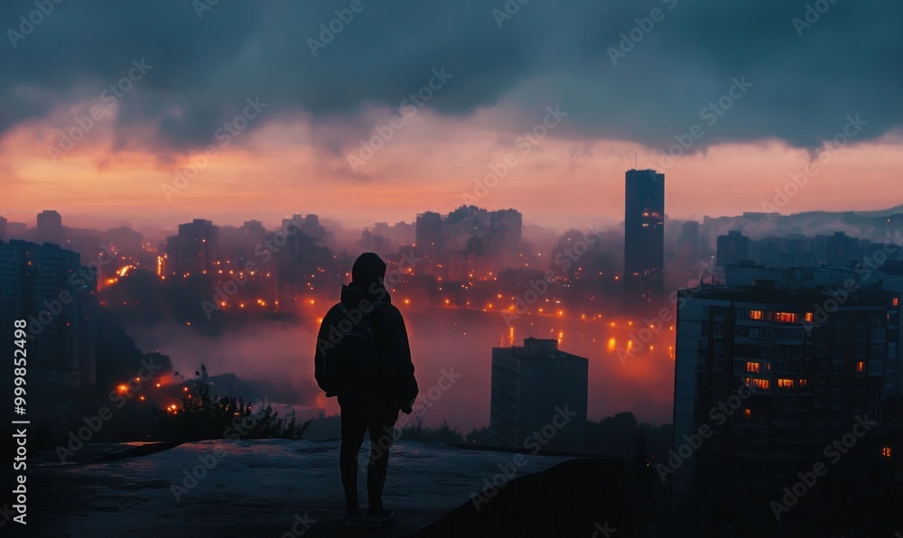 Fototapeta premium Silhouette of Person with Backpack Viewing City Skyline at Dusk