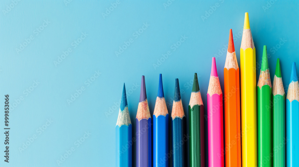 Close-up of colorful pencils stacked together on a blue background Close-up of colorful pencils stacked together on a blue background