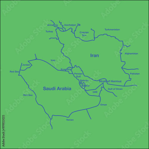  Saudi Arabiya And Iran Map with different Countries photo