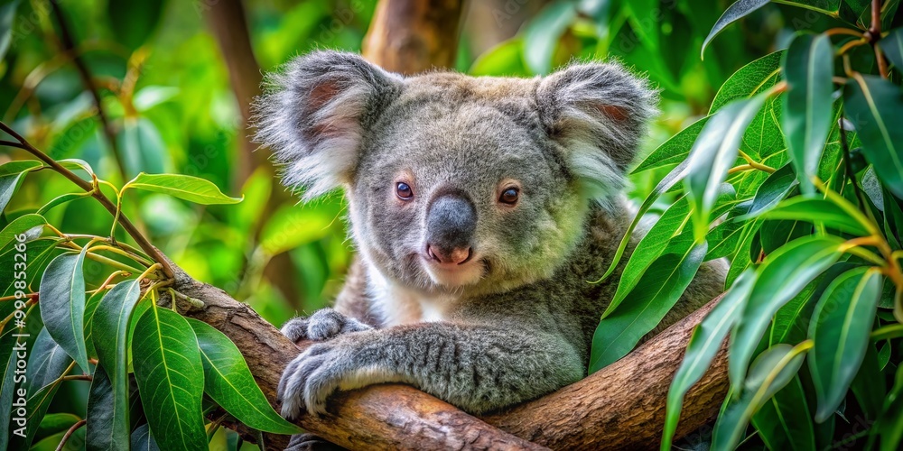 Fototapeta premium Adorable Koala Bear Resting Comfortably in a Eucalyptus Tree Surrounded by Lush Green Foliage