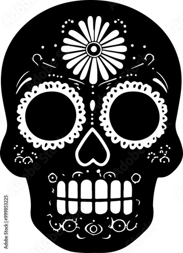 Intricate Black and White Sugar Skull Vector Design