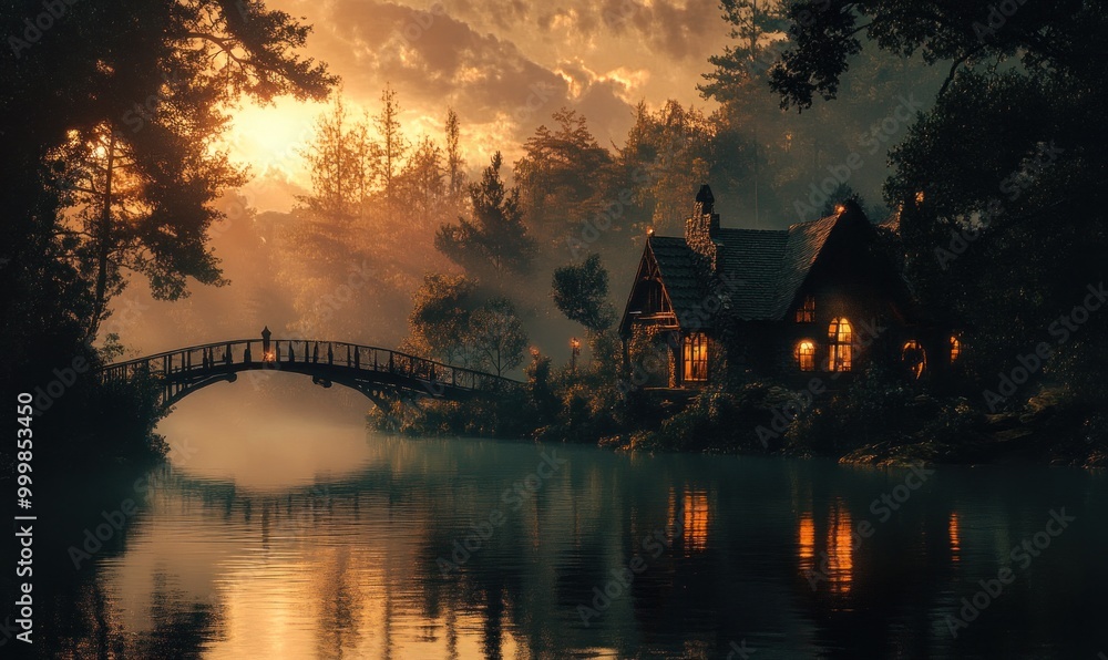 Fototapeta premium Serene Sunset Cottage by Lake