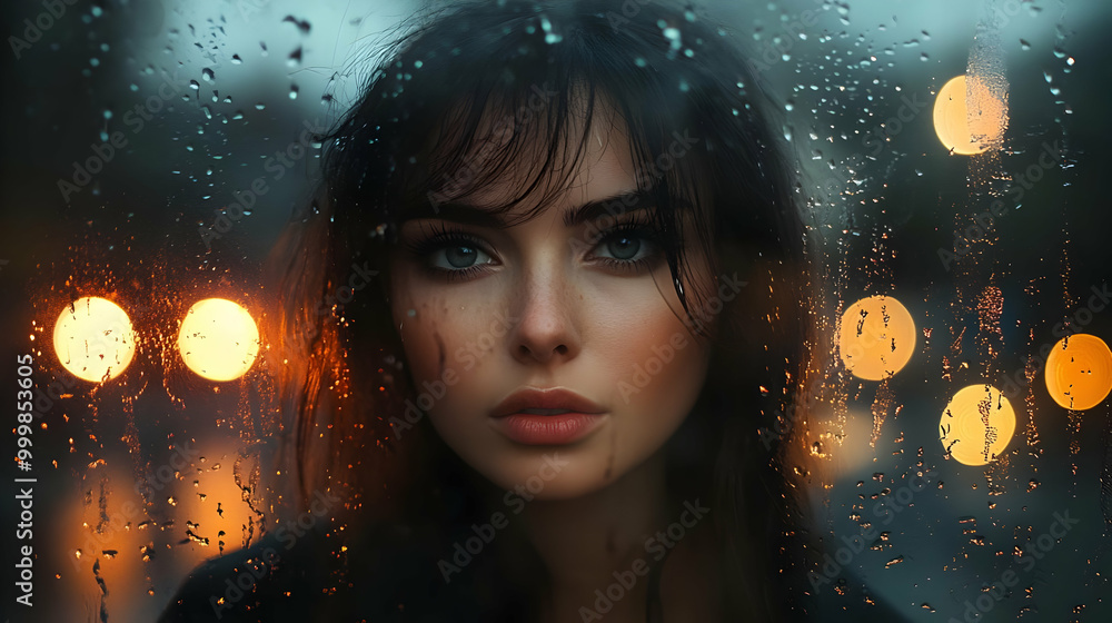 Rainy Night, Woman Gazing Through Window with City Lights Rainy Night, Woman Gazing Through Window with City Lights