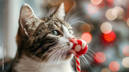 shorthair cat licking red and white color candy