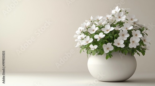 A white flower arrangement in a simple round pot on a table.