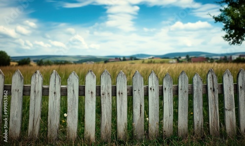 Rustic Fence in Countryside Landscape with Blue Sky